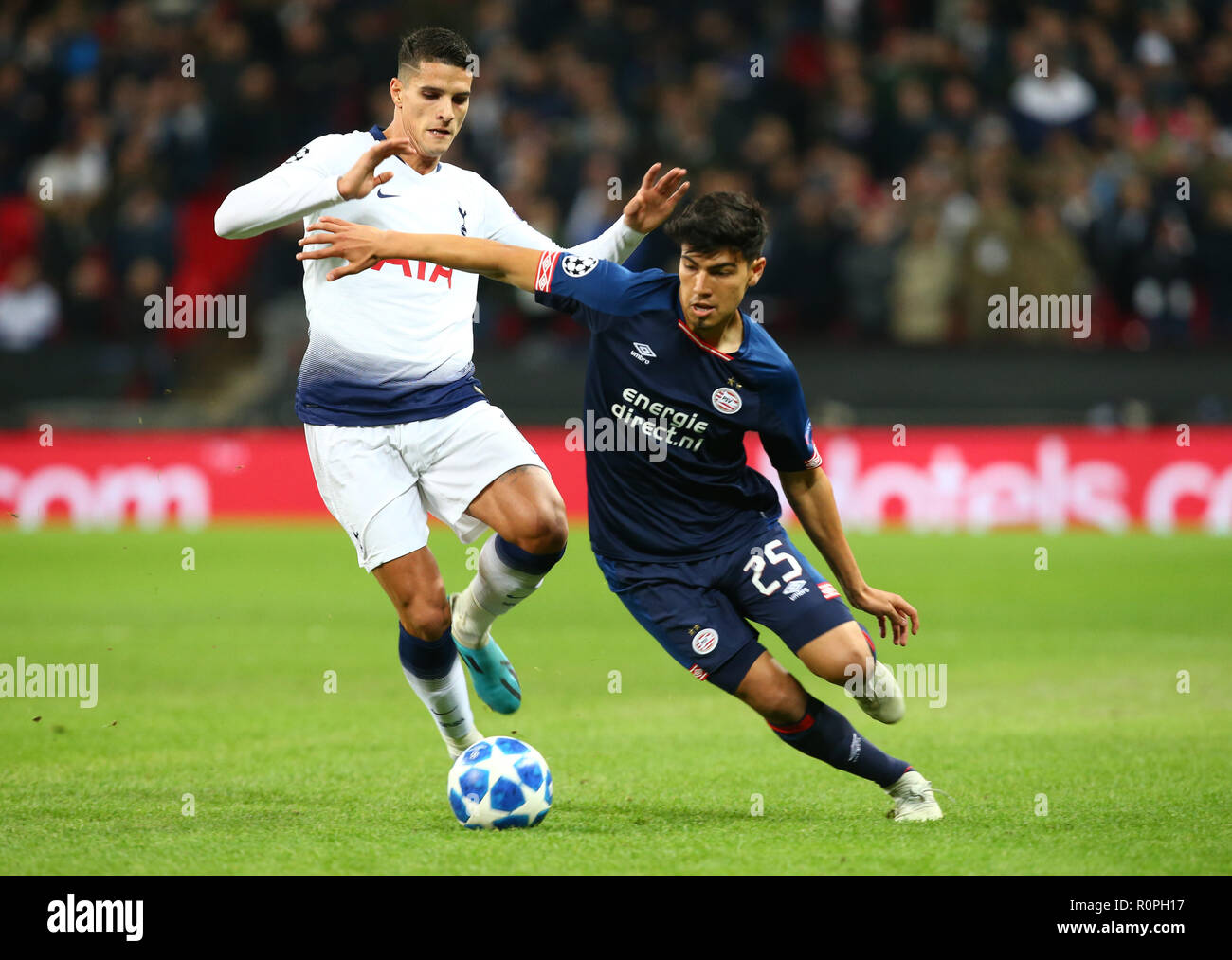 London, England, 06th November 2018.  Erick Gutierrez of PSV Eindhoven beats Tottenham Hotspur's Erik Lamela during Champion League Group B between Tottenham Hotspur and PSV Eindhoven at Wembley stadium , London, England on 06 Nov 2018. Credit Action Foto Sport  FA Premier League and Football League images are subject to DataCo Licence. Editorial use ONLY. No print sales. No personal use sales. NO UNPAID USE Credit: Action Foto Sport/Alamy Live News Stock Photo