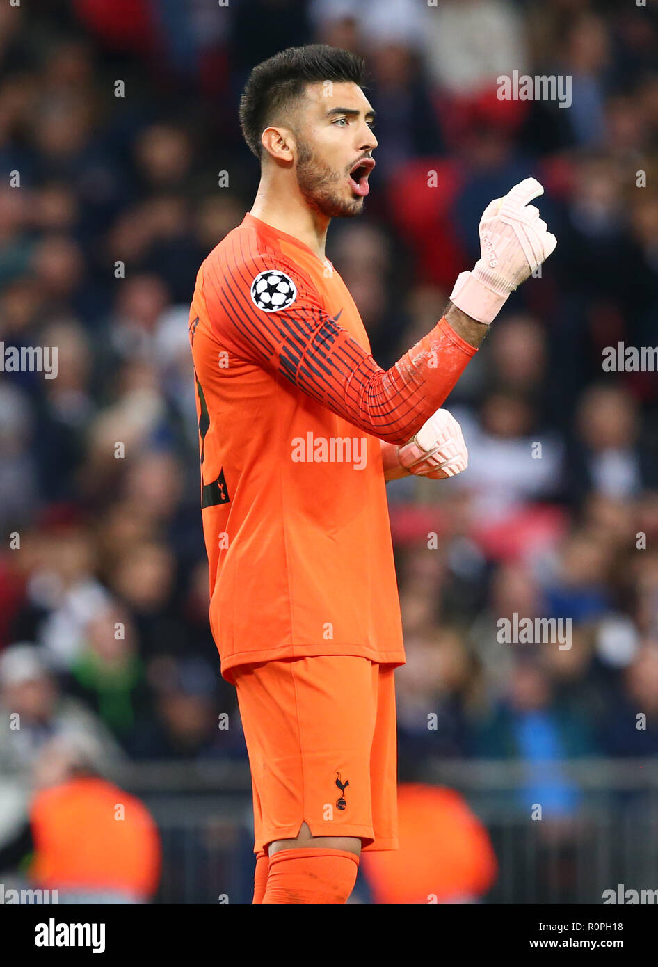 London, England, 06th November 2018.  Tottenham Hotspur's Paulo Gazzaniga during Champion League Group B between Tottenham Hotspur and PSV Eindhoven at Wembley stadium , London, England on 06 Nov 2018. Credit Action Foto Sport  FA Premier League and Football League images are subject to DataCo Licence. Editorial use ONLY. No print sales. No personal use sales. NO UNPAID USE Credit: Action Foto Sport/Alamy Live News Stock Photo