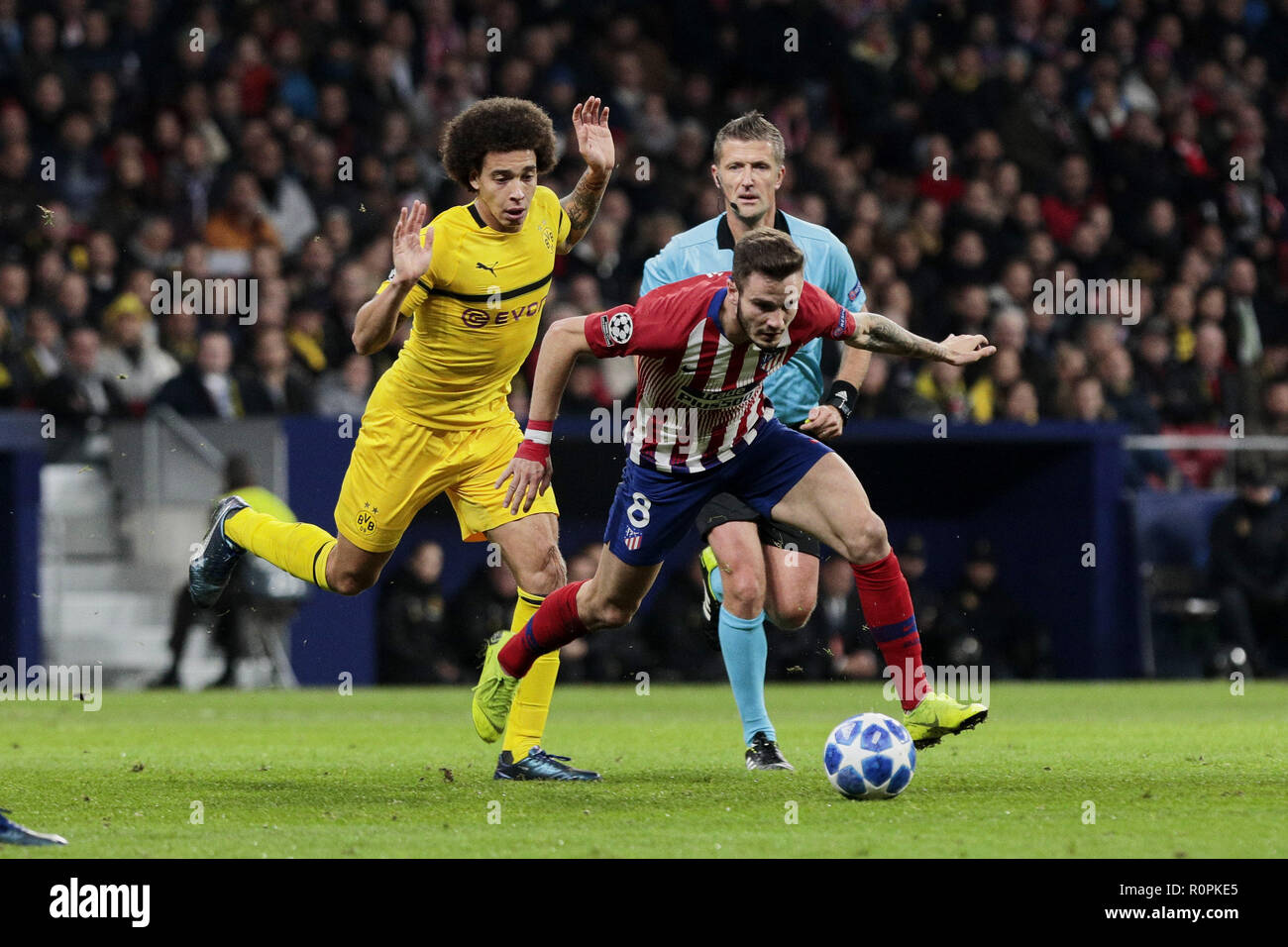 Madrid, Madrid, Spain. 6th Nov, 2018. Atletico de Madrid's Saul Niguez and Borussia Dortmund's Axel Witsel during UEFA Champions League match between Atletico de Madrid and Borussia Dortmund at Wanda Metropolitano Stadium. Credit: Legan P. Mace/SOPA Images/ZUMA Wire/Alamy Live News Stock Photo