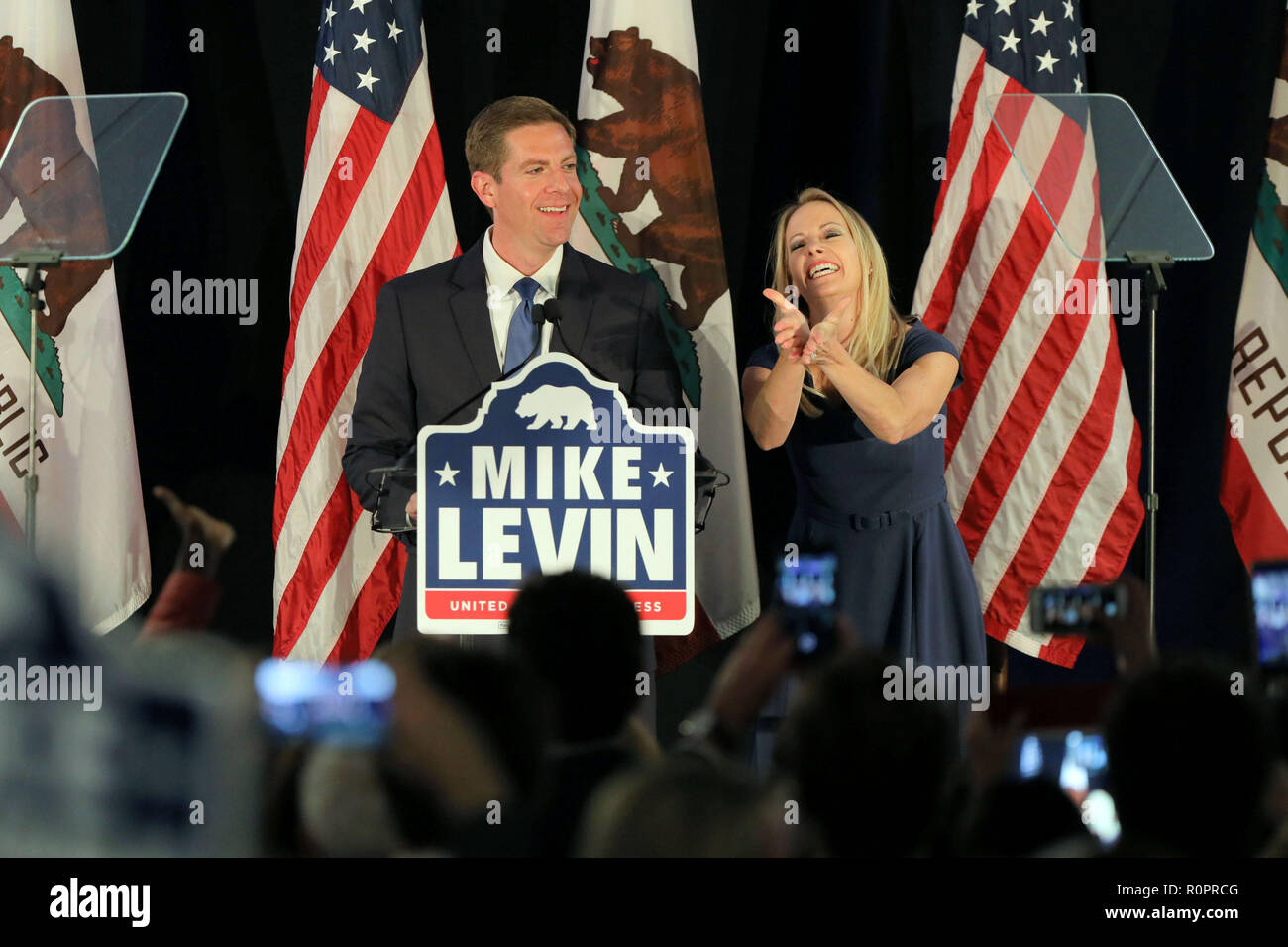 Del Mar, California, USA. 7th Nov, 2018. November 6, 2018 Del Mar, California | Congressional candidate Mike Levin and his wife Chrissy greet supporters at his victory rally at the Hilton Hotel in Del Mar, CA. | Photo Credit: Photo by Charlie Neuman Credit: Charlie Neuman/ZUMA Wire/Alamy Live News Stock Photo