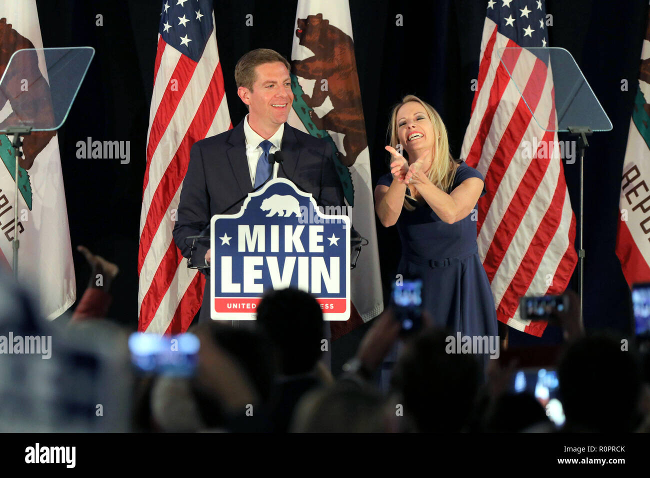 Del Mar, California, USA. 7th Nov, 2018. November 6, 2018 Del Mar, California | Congressional candidate Mike Levin and his wife Chrissy greet supporters at his victory rally at the Hilton Hotel in Del Mar, CA. | Photo Credit: Photo by Charlie Neuman Credit: Charlie Neuman/ZUMA Wire/Alamy Live News Stock Photo