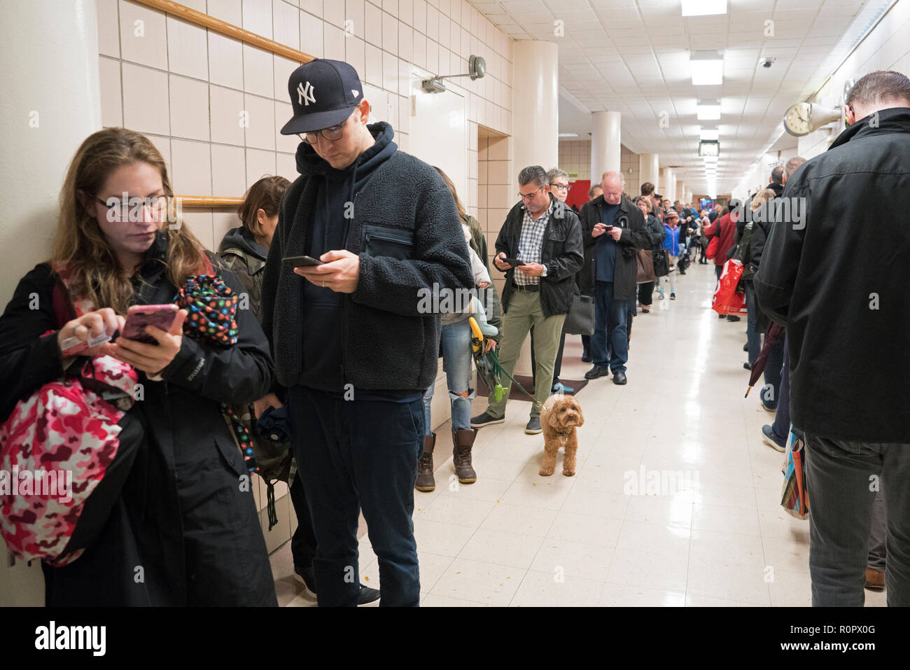 New York, NY, 6th Nov., 2018 — People waited in line to vote at a public school in Tribeca on Nov. 6, 2018. Credit: Terese Loeb Kreuzer/Alamy News Stock Photo