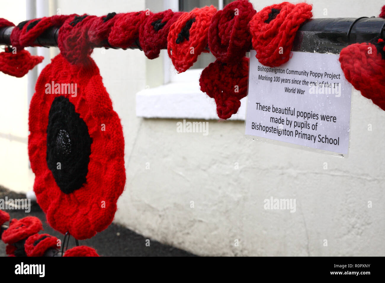 Bishopsteignton Village, South Devon. 7th Nov 2018. Bishopsteignton Village have come together with community groups including the local school, Scouts and Brownies to knit and crochet over 2,500 poppies to mark the end of World War 1. The poppies are adorning railings, gates and even bollards through the village to create a striking display to commemorate the 100 years since the end of WW1. Credit: Vicki Gardner/Alamy Live News Credit: Vicki Gardner/Alamy Live News Stock Photo