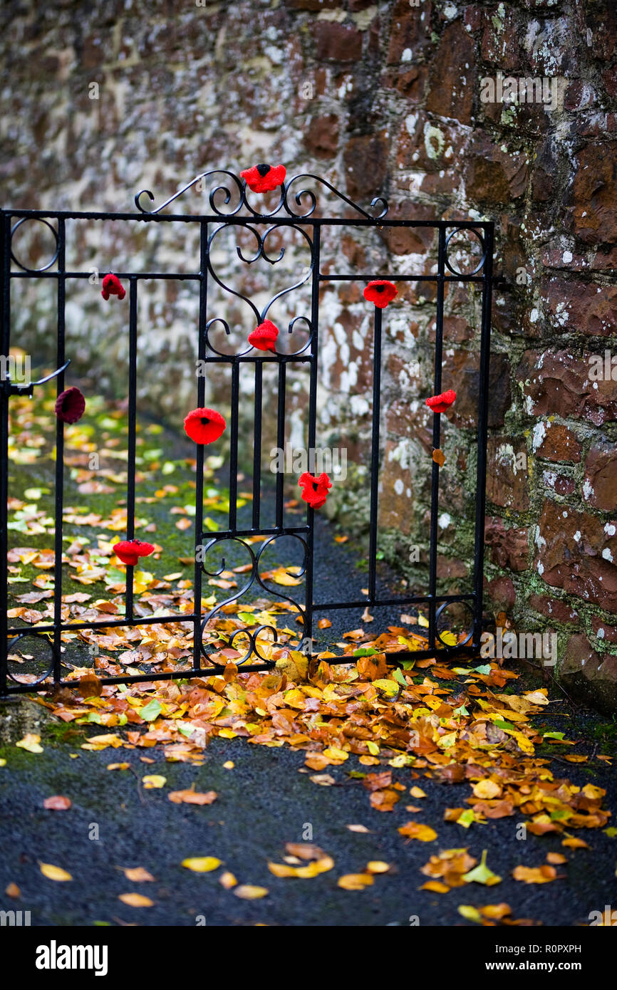 Bishopsteignton Village, South Devon. 7th Nov 2018. Bishopsteignton Village have come together with community groups including the local school, Scouts and Brownies to knit and crochet over 2,500 poppies to mark the end of World War 1. The poppies are adorning railings, gates and even bollards through the village to create a striking display to commemorate the 100 years since the end of WW1. Credit: Vicki Gardner/Alamy Live News Credit: Vicki Gardner/Alamy Live News Stock Photo