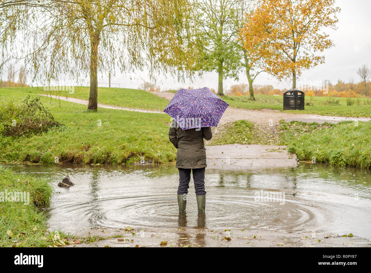 Kidderminster, UK. 7th November, 2018. UK weather: with today's persistent heavy showers (coupled with the significant overnight downpour), water levels are on the rise in Worcestershire with some areas experiencing flash flooding. A woman wearing wellies and holding an umbrella stands outdoors, rear view, isolated in rising water. Credit: Lee Hudson/Alamy Live News Stock Photo