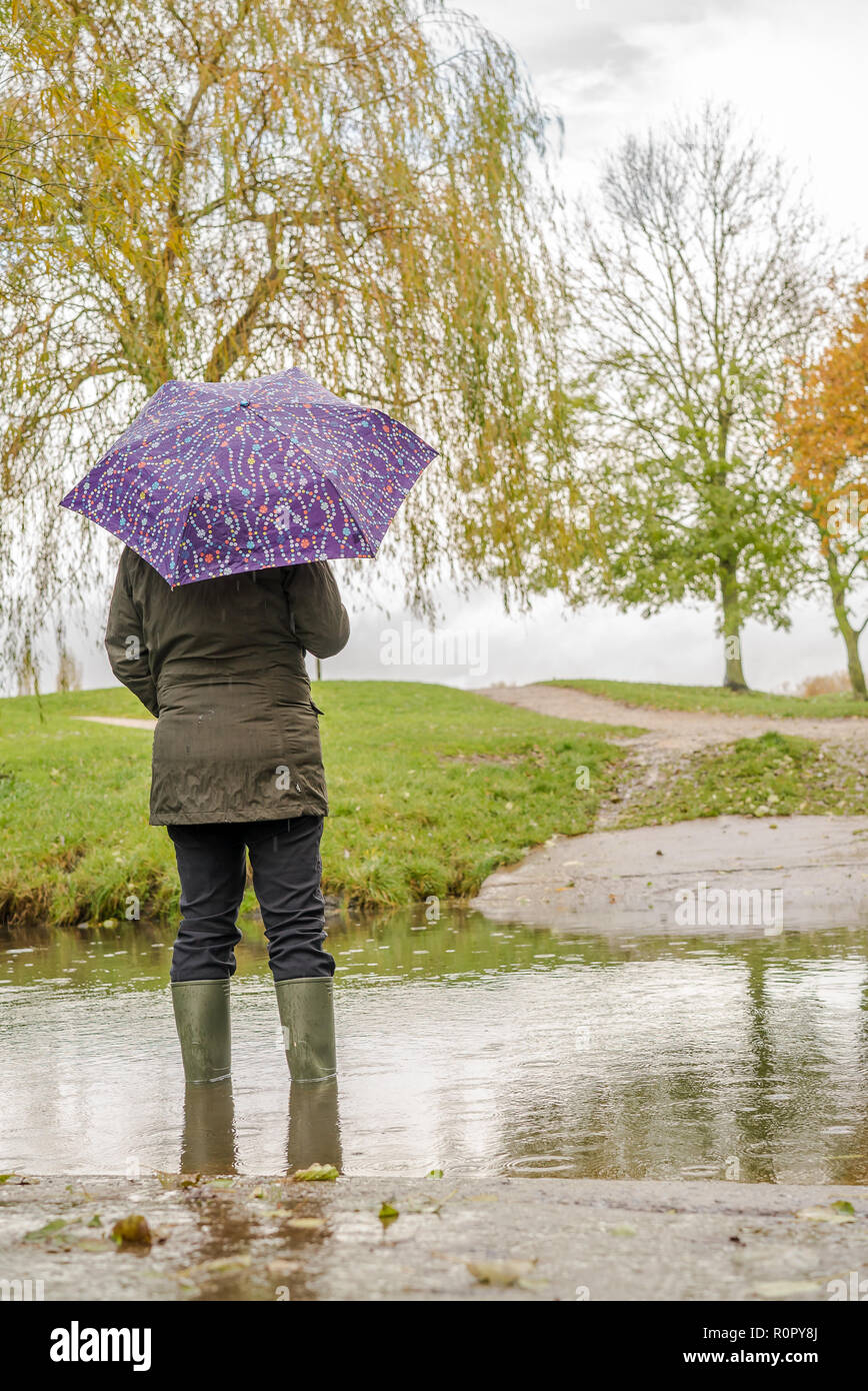 Kidderminster, UK. 7th November, 2018. UK weather: with today's persistent heavy showers (coupled with the significant overnight downpour), water levels are on the rise in Worcestershire with some areas experiencing flash flooding. A woman wearing wellies and holding an umbrella stands outdoors, rear view, isolated in rising water. Credit: Lee Hudson/Alamy Live News Stock Photo