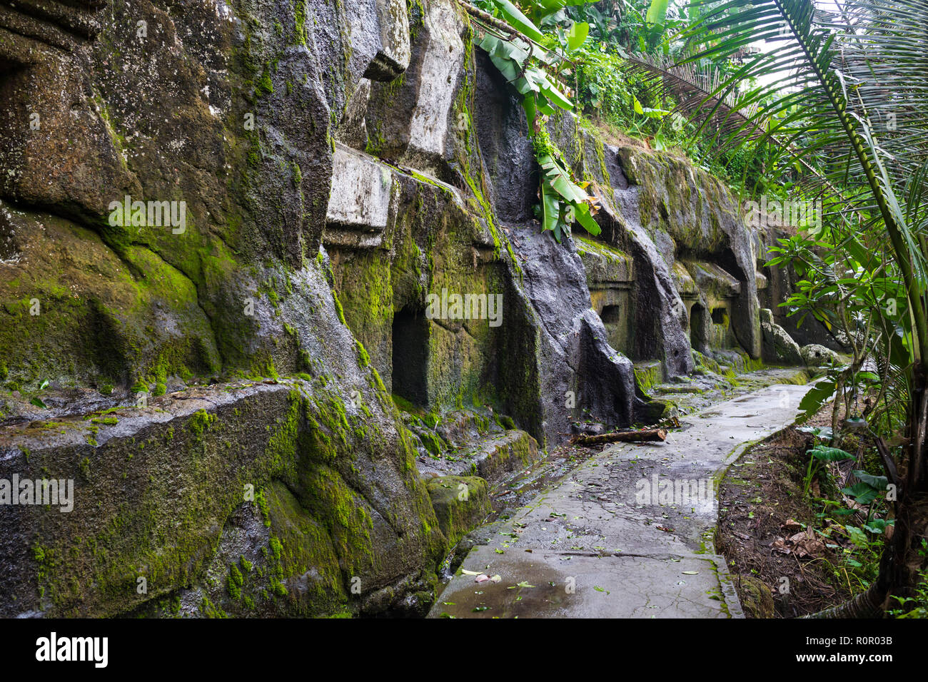 Gunung Kawi. Ancient carved in the stone temple with royal tombs. Bali, Indonesia. PANORAMA, long format. Stock Photo