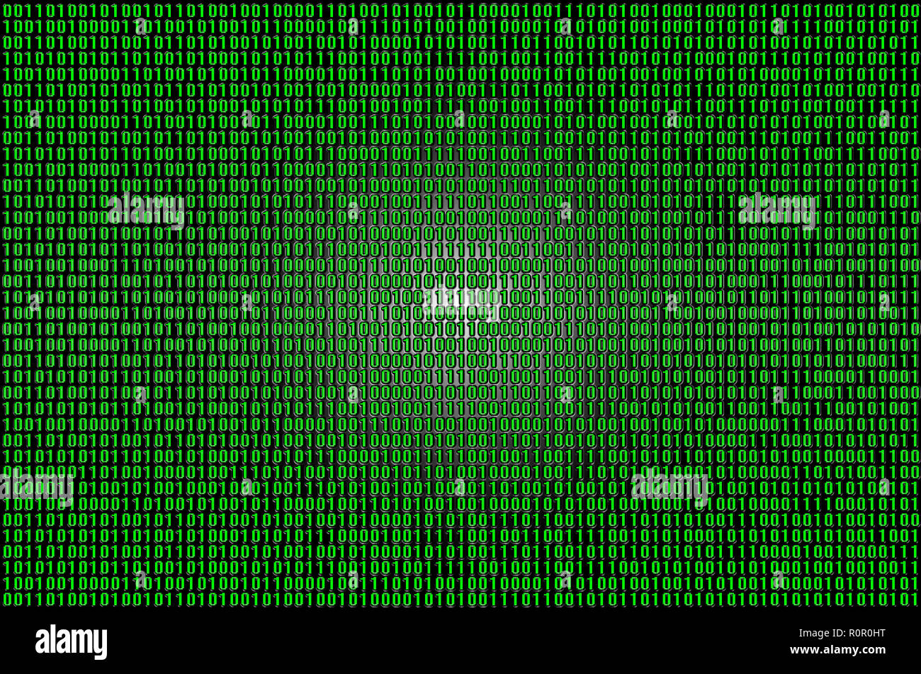 An image of a binary code made up of a set of green digits on a black ...
