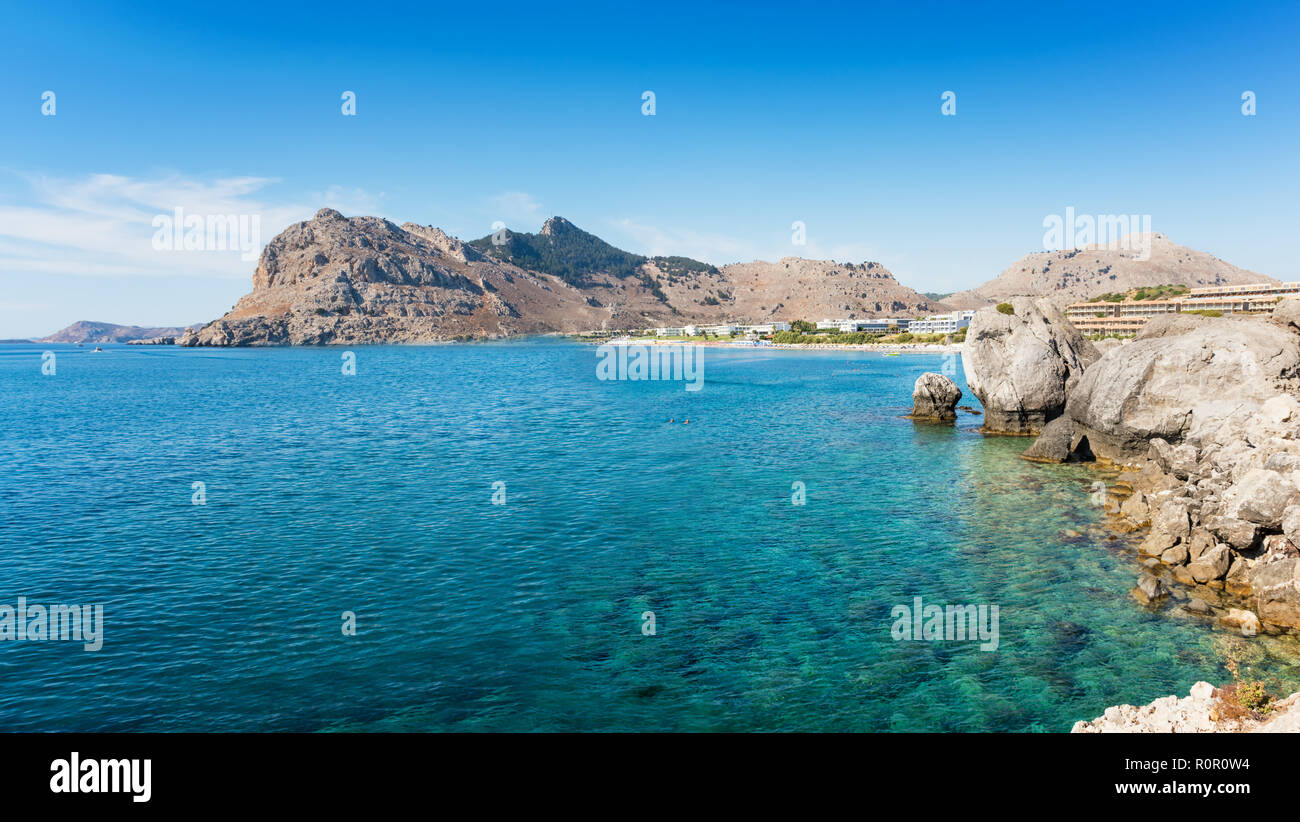 Rocks and cliffs in Mediterranean Sea near Kolymbia (Rhodes, Greece) Stock Photo