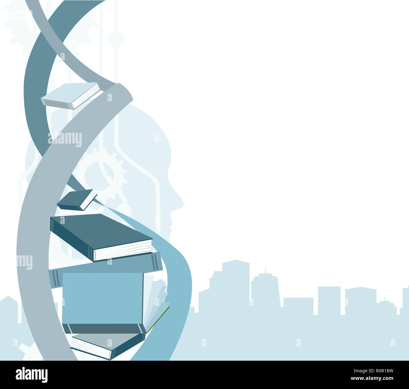 Knowledge and identity concept. DNA spiral, human head, and gears. Vectar illustration. Stock Vector