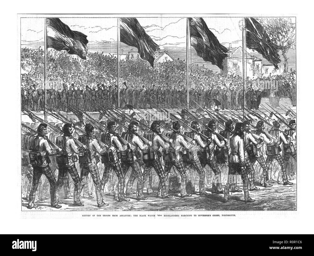 'The Black Watch (42nd Highlanders) Marching to Governor's Green, Portsmouth', 1874. Creator: Unknown. Stock Photo