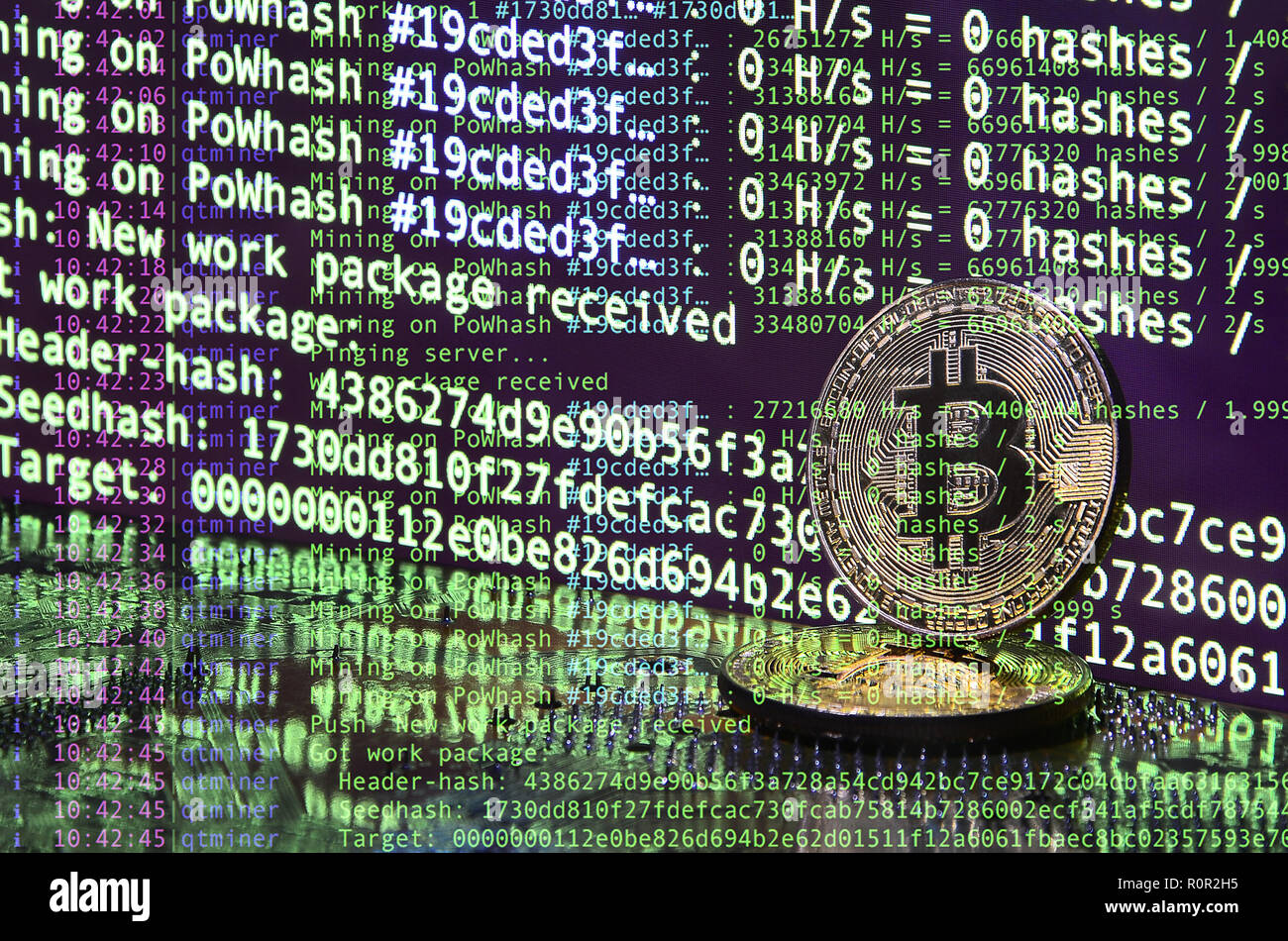 Image of the program code showing the process of mining the crypto currency  in the background of the image with bitcoin Stock Photo - Alamy