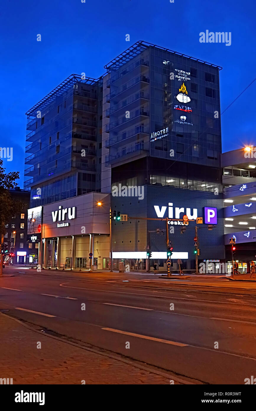 TALLINN, ESTONIA - AUGUST 30, 2018: Viru Keskus shopping centre in heart of Tallinn in the evening Stock Photo