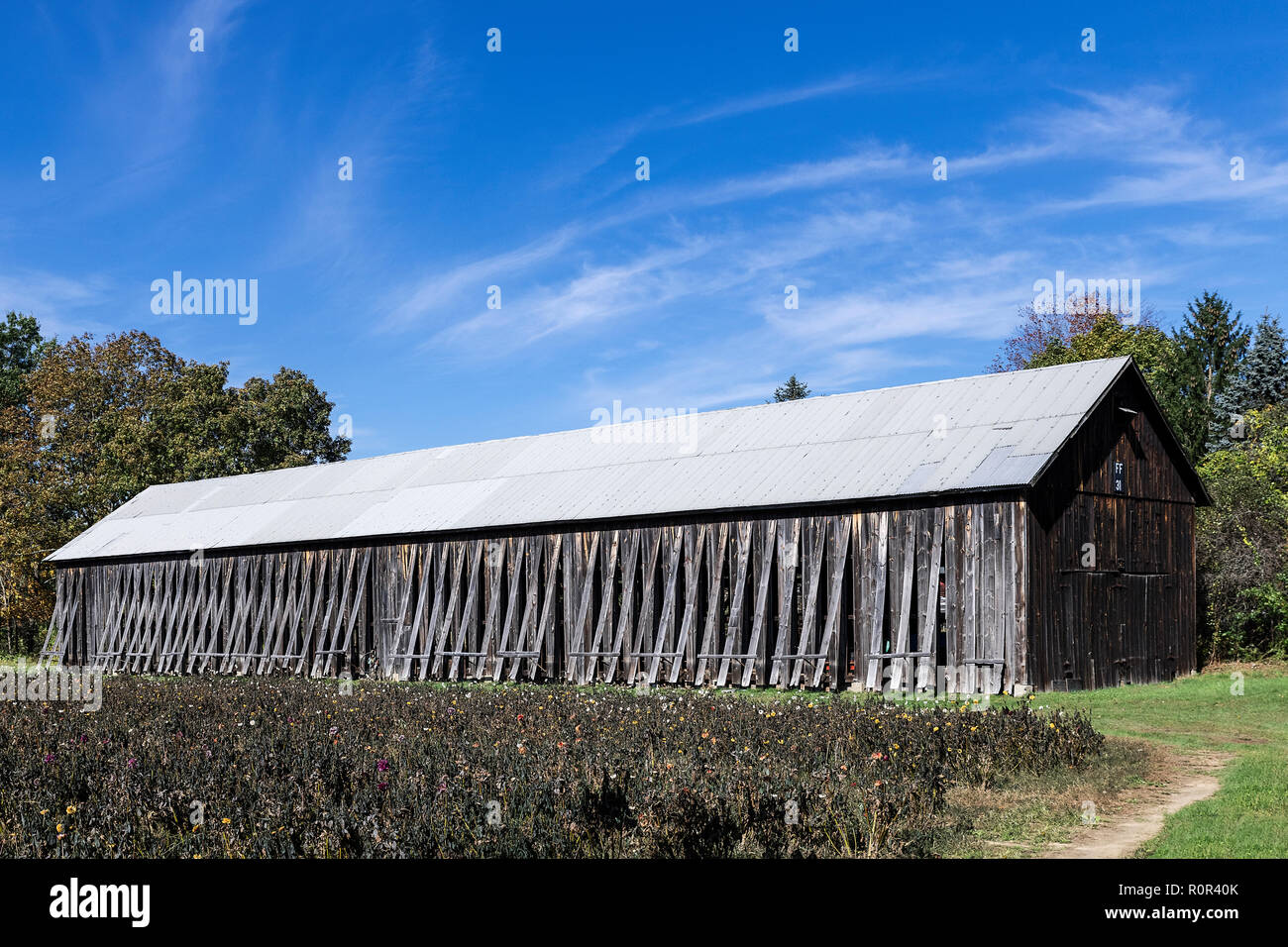 A tobacco barn, South Deerfield, Massachusetts, USA. Stock Photo