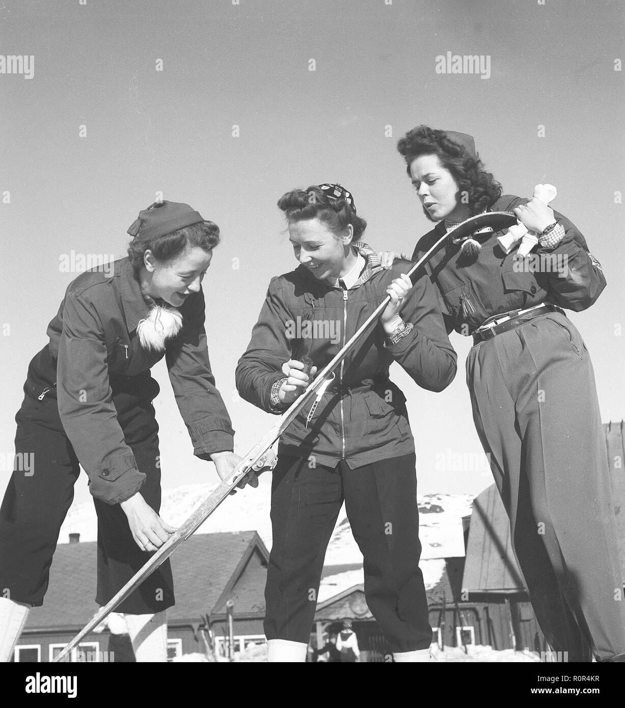 Winter in the 1940s. Three young women are going skiing and prepares the skis with ski wax to get better traction on the snow.   Sweden 1943. Photo Kristoffersson ref D128-4 Stock Photo