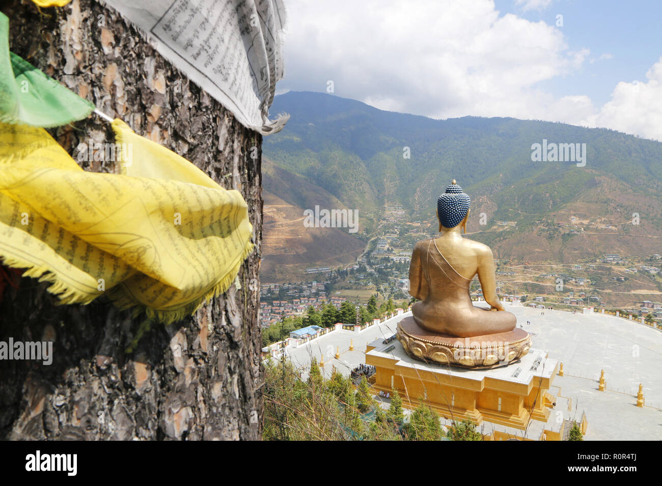 Buddha Dordenma Statue, from behind, prayer flags, Thimphu, Bhutan Stock Photo