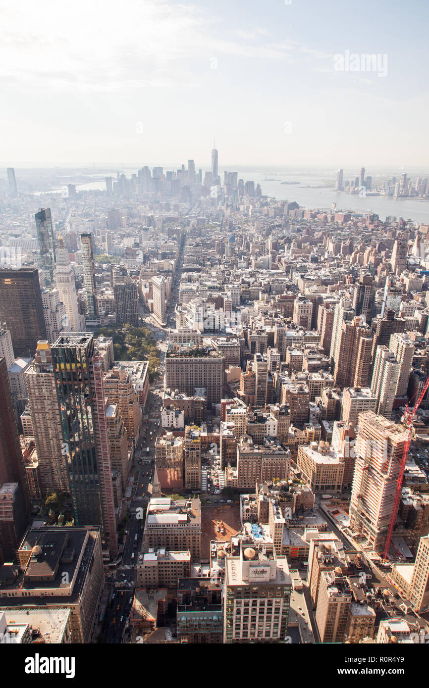 Southern view from the Empire State Building over Lower Manhattan, New York City, United States of America. US, U.S.A, Stock Photo