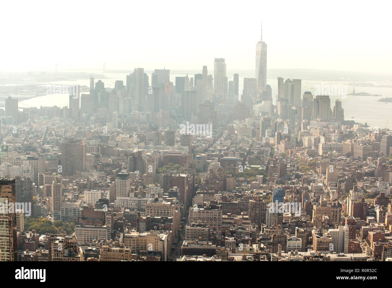 Southern view from the Empire State Building over Lower Manhattan, New York City, United States of America. US, U.S.A, Stock Photo