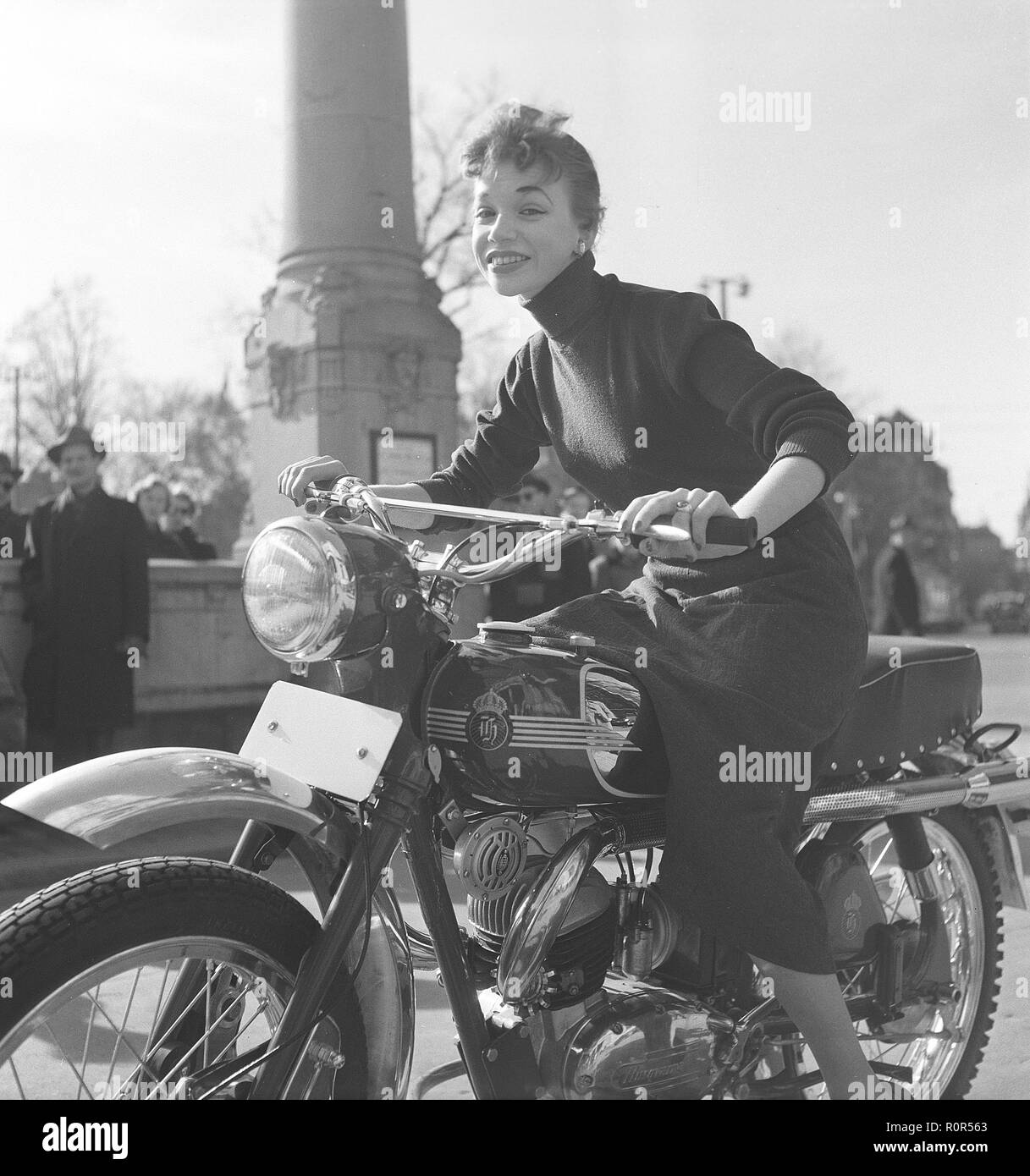 Margit Carlqvist , swedish actress, born 1932, pictured here on a Husqvarna motorcycle model 281 sport, 1954. Photo Kristoffersson Ref BO65-4 Stock Photo