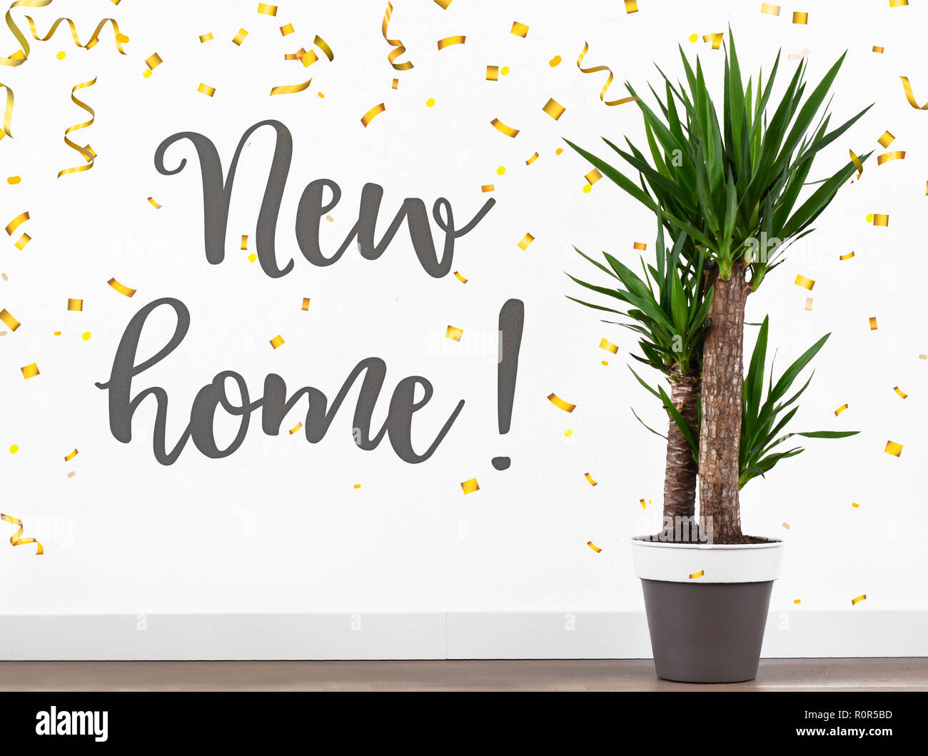 Text happy new home quote on white wall in living room of a new house bought our first house