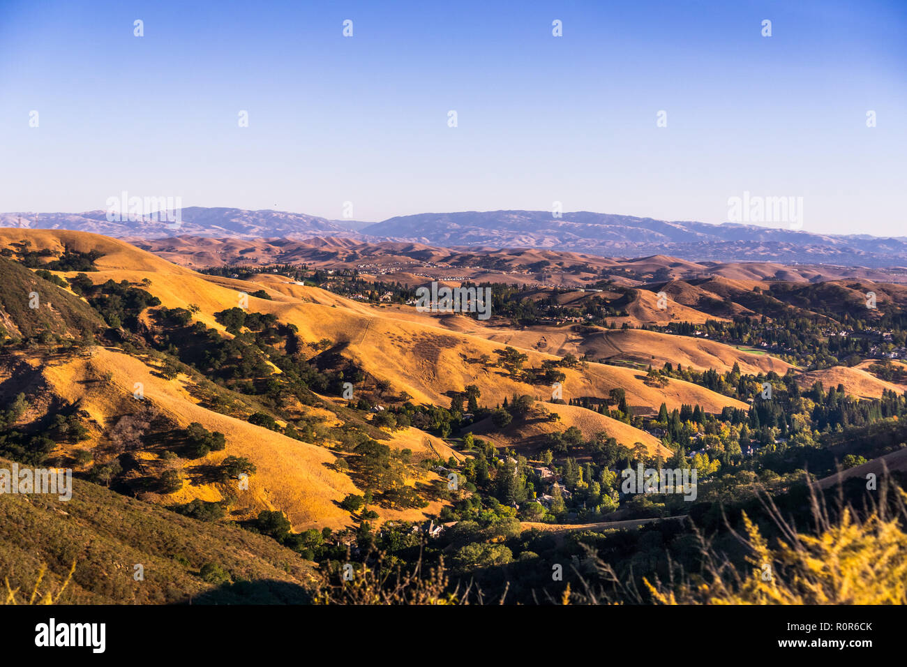 Sunset views towards Danville and the hills surrounding Mt Diablo State Park on a sunny day; San Francisco bay area, Contra Costa county, California Stock Photo