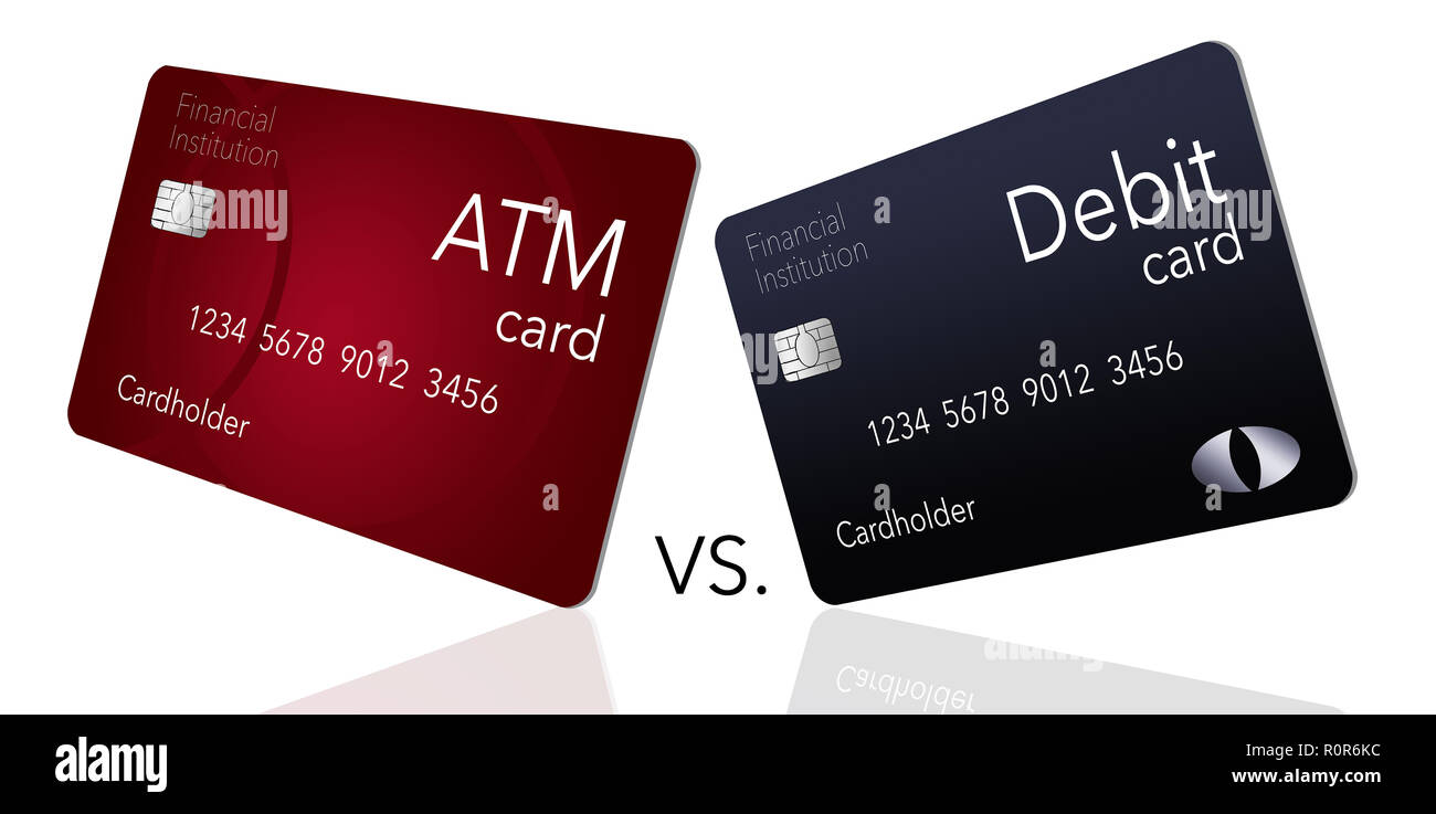 Here is an ATM card which is shown with a debit card which is often thought to be the same as an ATM but it is not. This is an illustration. Stock Photo