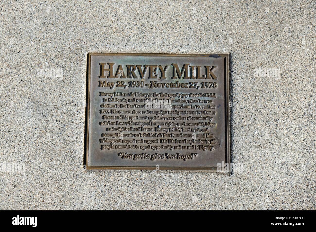 Sidewalk plaque where Harvey Milk's ashes were interred on the sidewalk outside his camera store on Castro Street, Castro District, San Francisco, CA. Stock Photo