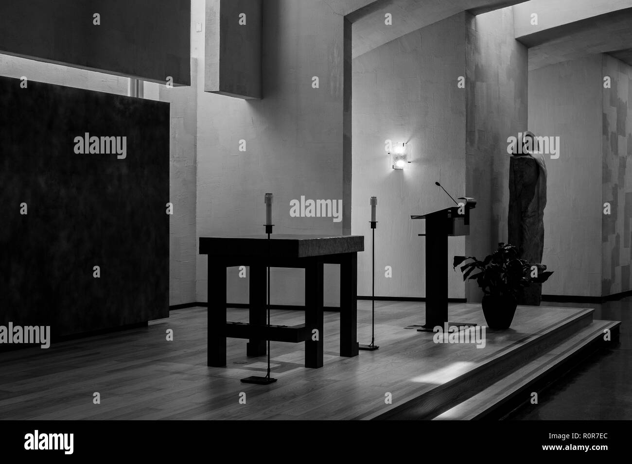 Saint Ignatius Church architecture interior of ceilng beems, abstract shapes with altar a place of mass and worship. Stock Photo