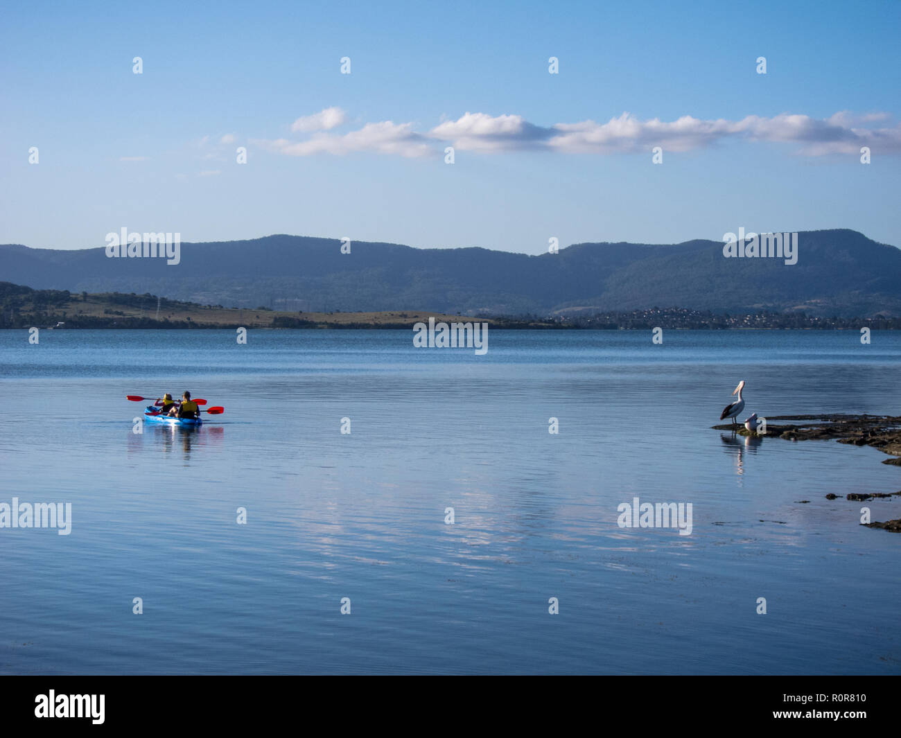 View of peaceful calm lake, adult and child paddling in kayaking out into lake with pelican watching. Stock Photo