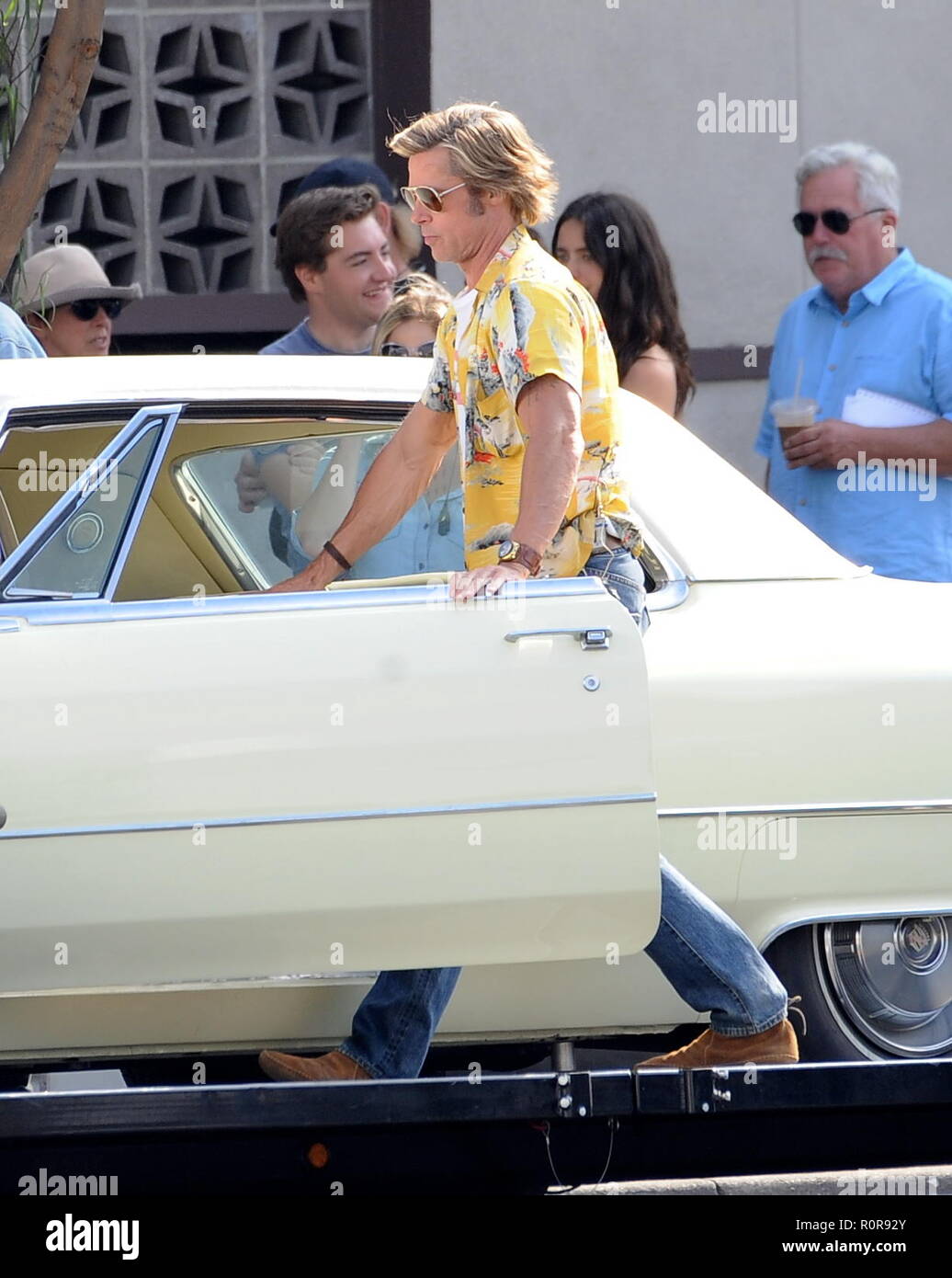 Actor Brad Pitt spotted filming car scenes for 'Once Upon A Time In Hollywood' filming in Burbank Ca.  Featuring: Brad Pitt Where: Burbank, California, United States When: 06 Oct 2018 Credit: WENN Stock Photo