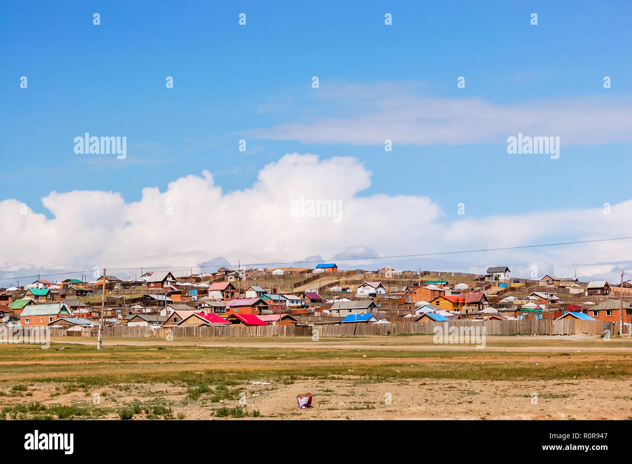 Colorful houses in small rural settlement outside capital Ulaanbaatar