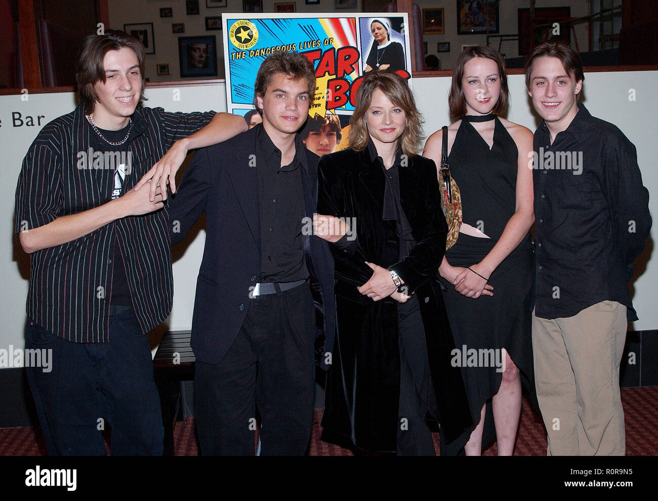 The cast, Jake Richardson, Emile Hirsh, Jodie Foster, Jena Malone and Kieran Culkin posing at the premiere of the ' Dangerous Lives of Altar Boys ' as Stock Photo