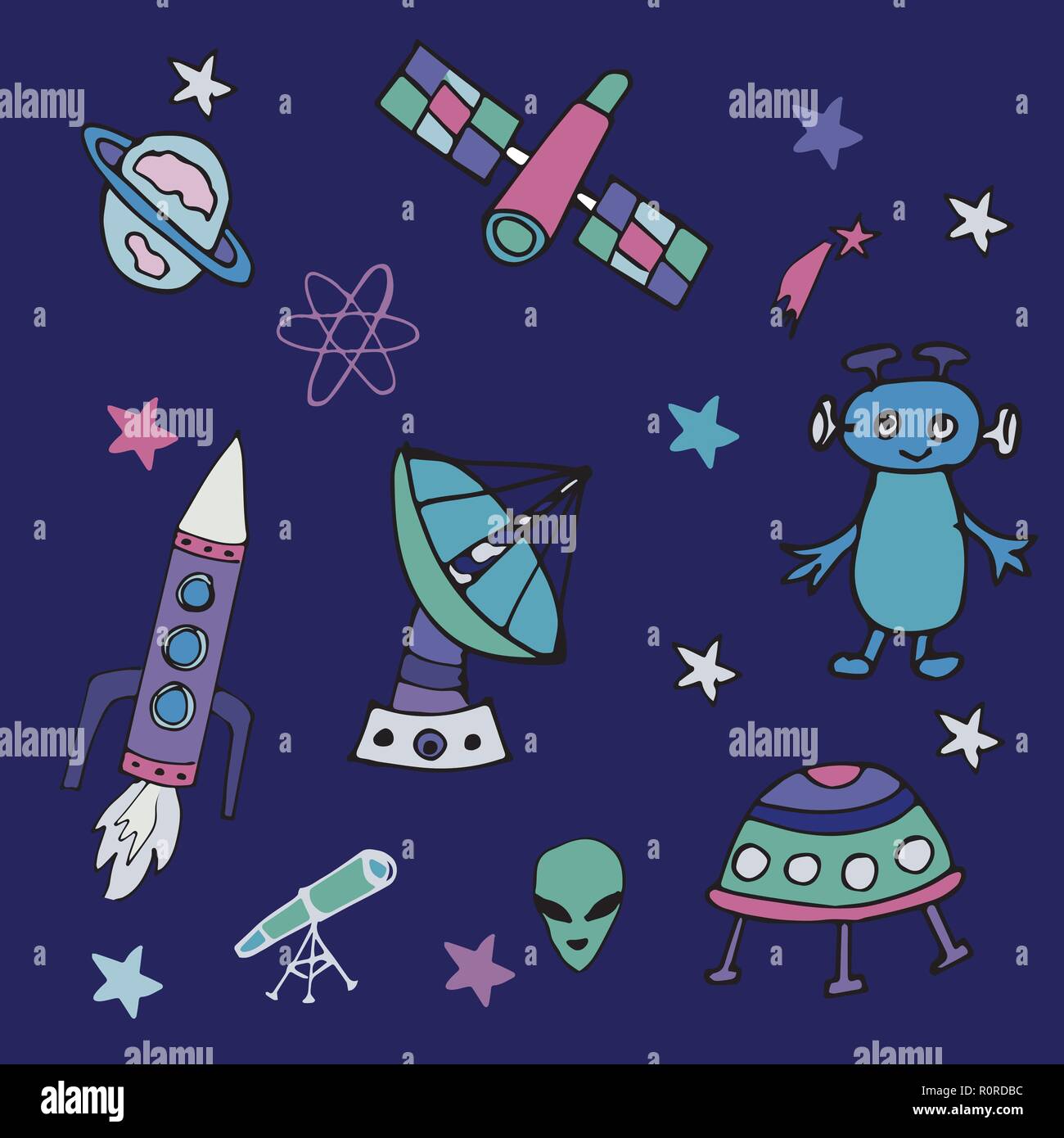 Colorful hand drawn set of space objects and symbols in doodle style. Cartoon vector. Stock Vector