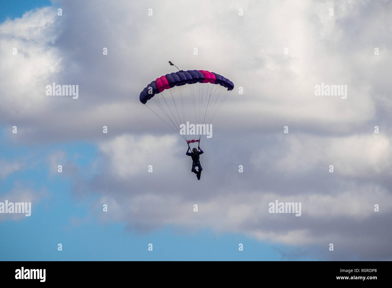 October 6, 2018 Livermore / CA / USA - Parachutist coming down after a parachute jump; Livermore Municipal Airport Open House event; east San Francisc Stock Photo