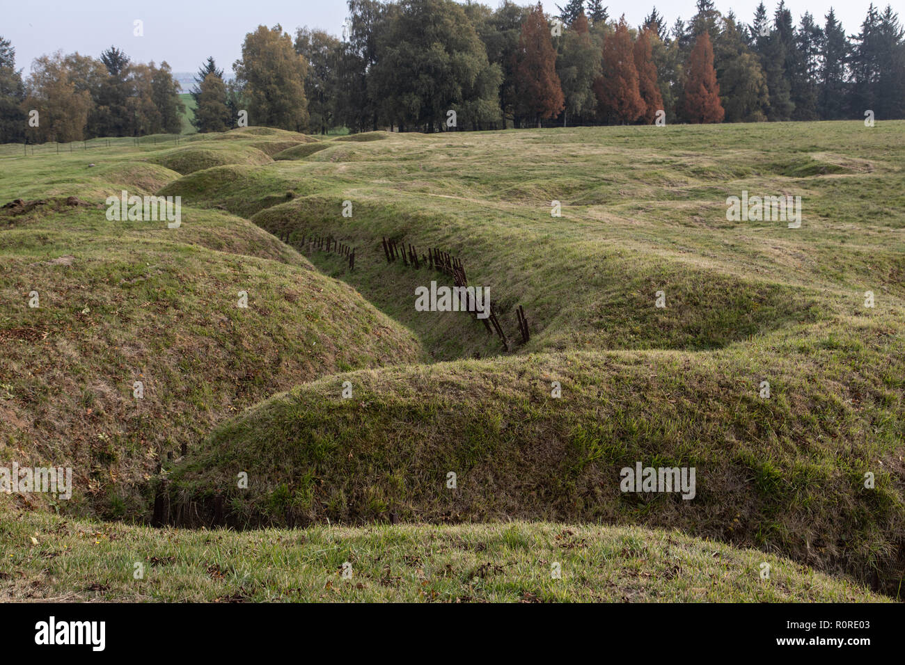 November 4, 2018: Beaumont-Hamel, Picardy, France. The remains of trenches from the Battle of the Somme in World War 1 at the Beaumont-Hamel Newfoundl Stock Photo