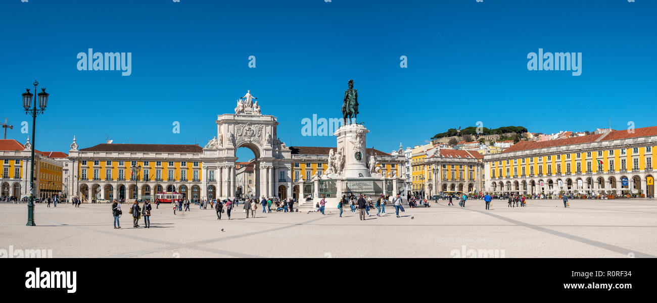 Arch of Triumph Arco da Rua Augusta, equestrian statue of King Jose I, Praca do Comercio, Baixa, Lisbon, Portugal Stock Photo