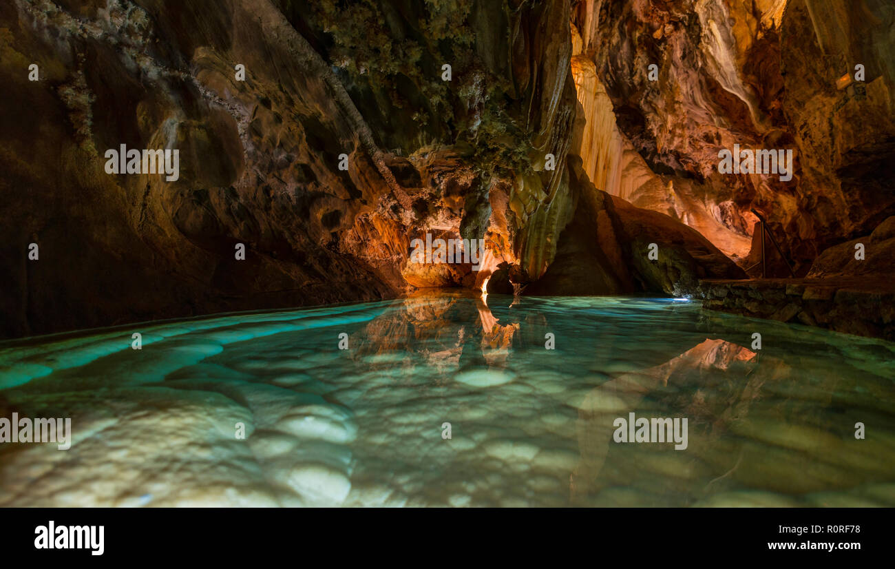 Gruta de las Maravillas, lake in a cave, stalactites and stalagmites in a dripstone cave, Aracena, Huelva, Andalusia, Spain Stock Photo
