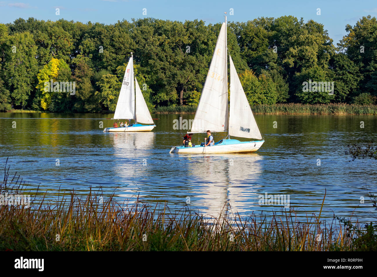 Sailboats, local recreation centre, Großer Dutzendteich, Nazi party rally grounds, City of Nuremberg, Middle Franconia Stock Photo