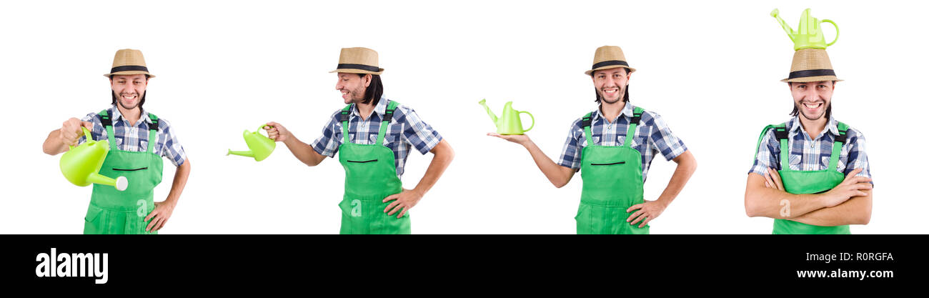 Young cheerful gardener with watering can isolated on white Stock Photo ...