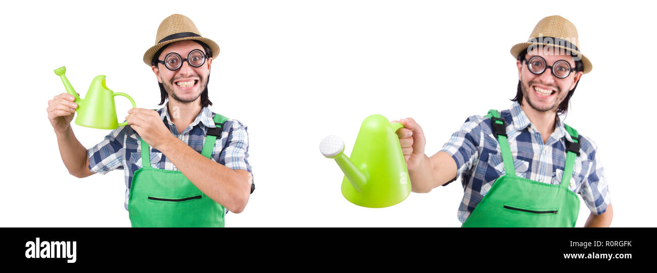 Young cheerful gardener with watering can isolated on white Stock Photo ...