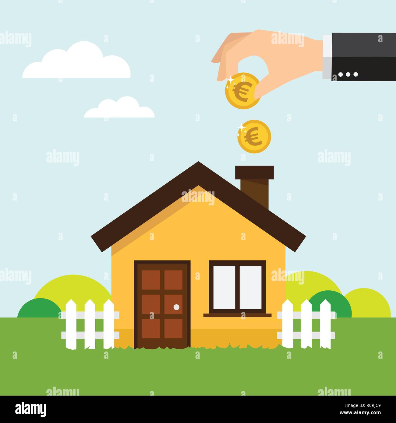Hand putting coin in house piggy bank. Vector illustration. Stock Vector