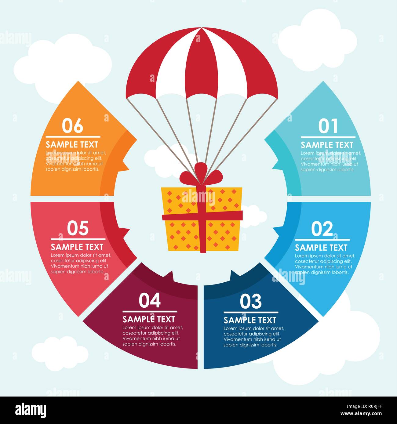 Circle infographic with a gift falling with a parachute. Vector illustration Stock Vector