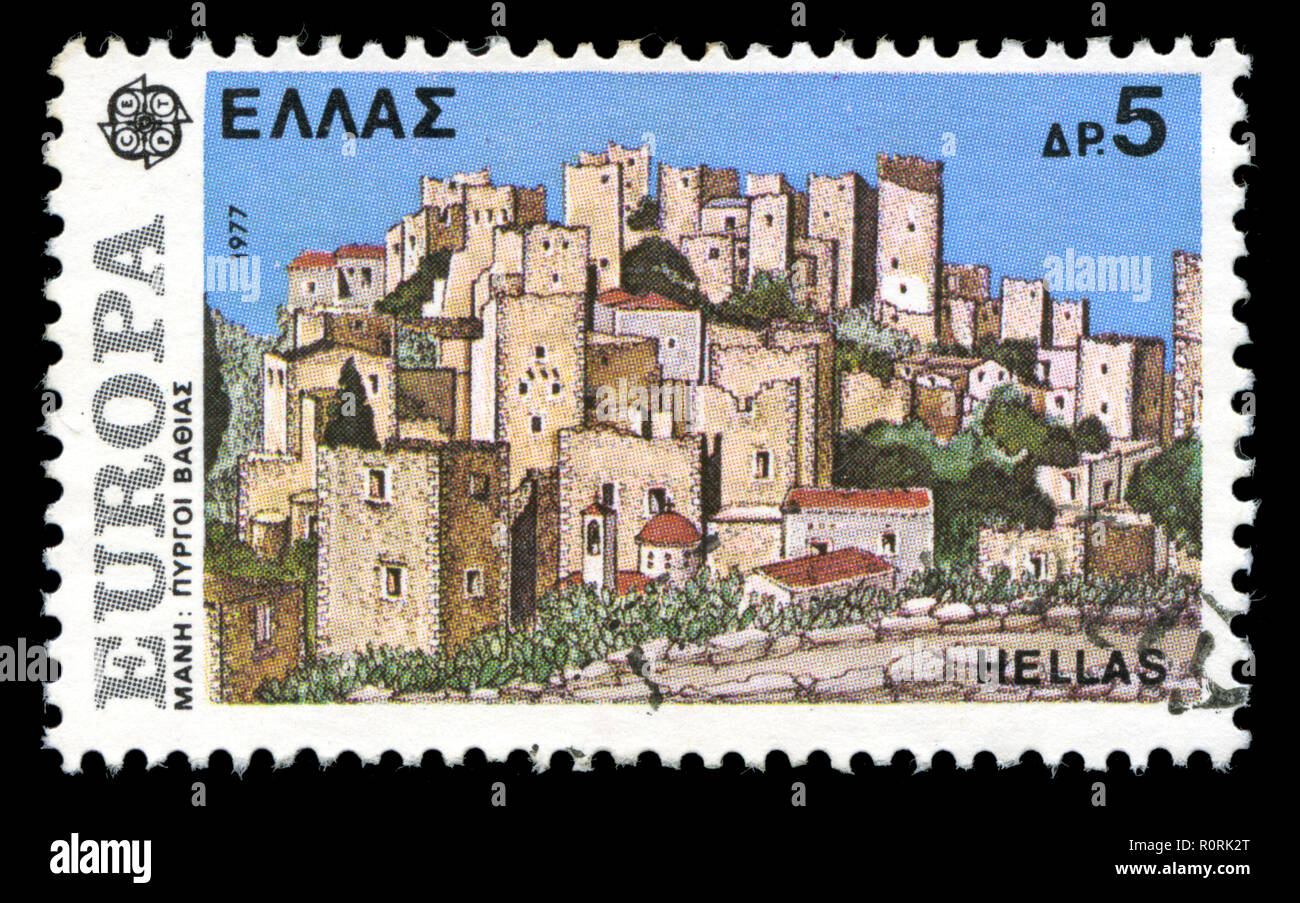 Postage stamp from Greece in the EUROPA/CEPT Sites and Landscapes - Mani, Peloponissos series issued in 1977 Stock Photo