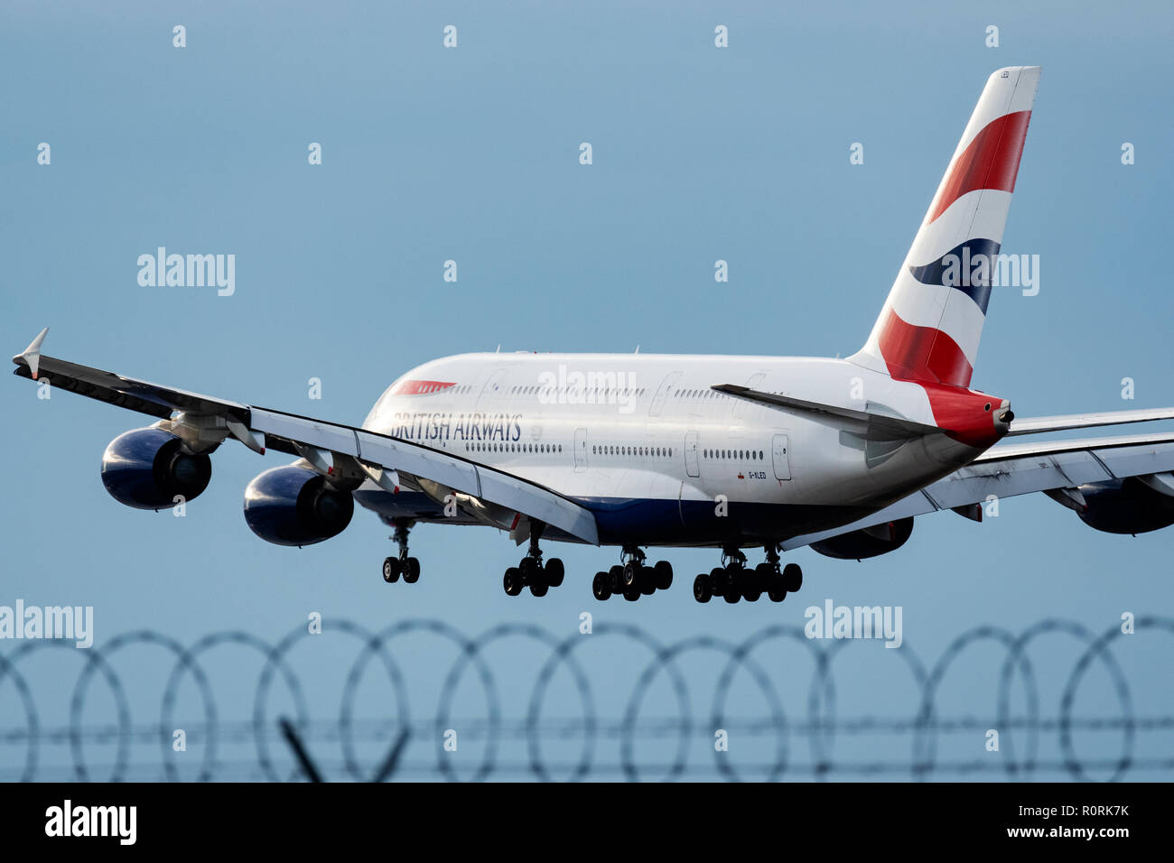 British Airways plane Airbus A380 airplane aeroplane jet airliner jetliner landing Stock Photo