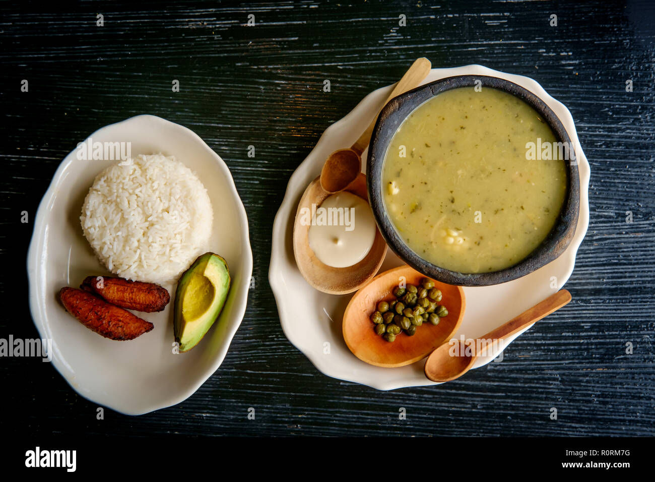 Colombian Ajiaco chicken potato and corn soup with capers Stock Photo