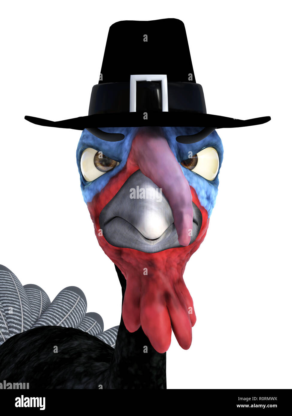 3D rendering of a silly cartoon turkey wearing pilgrim hat and looking ...