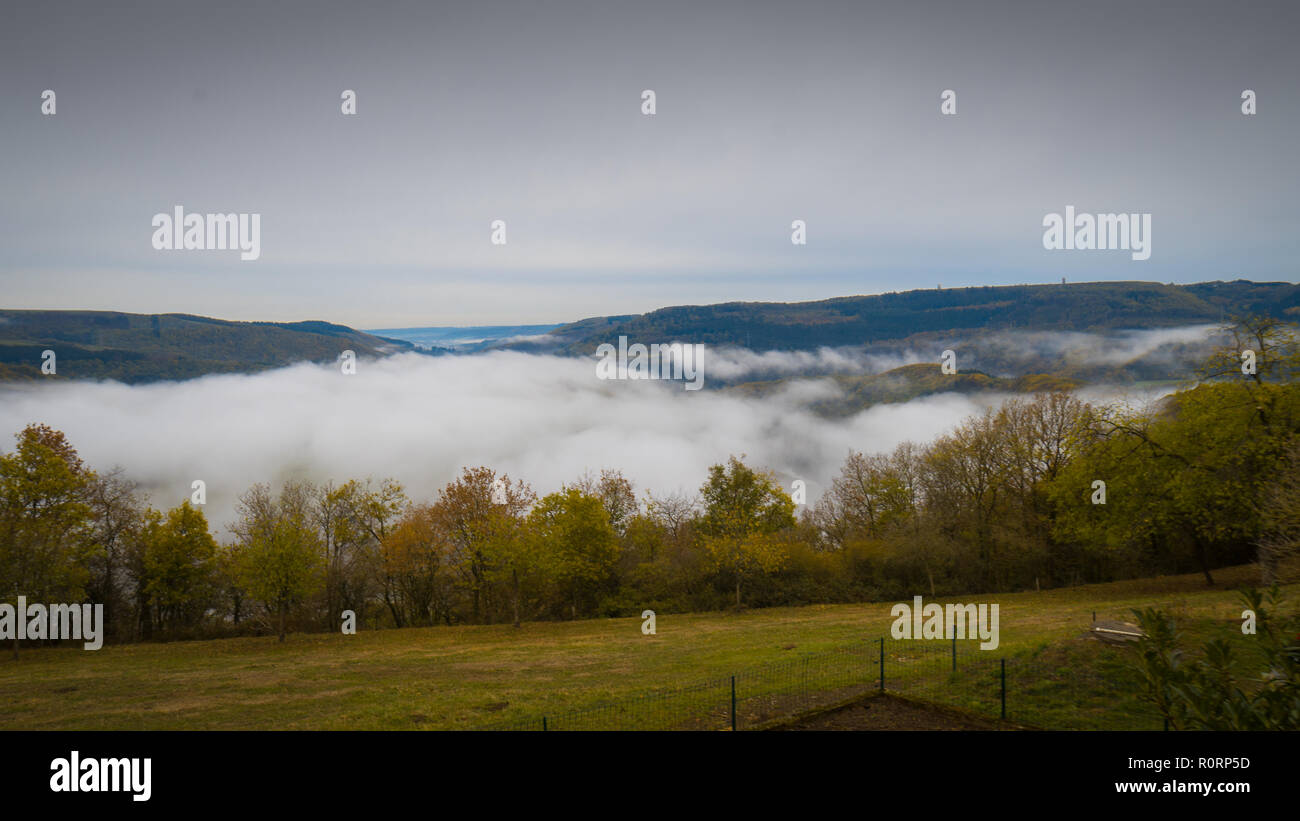 Foggy Landscape Valley Germany Stock Photo