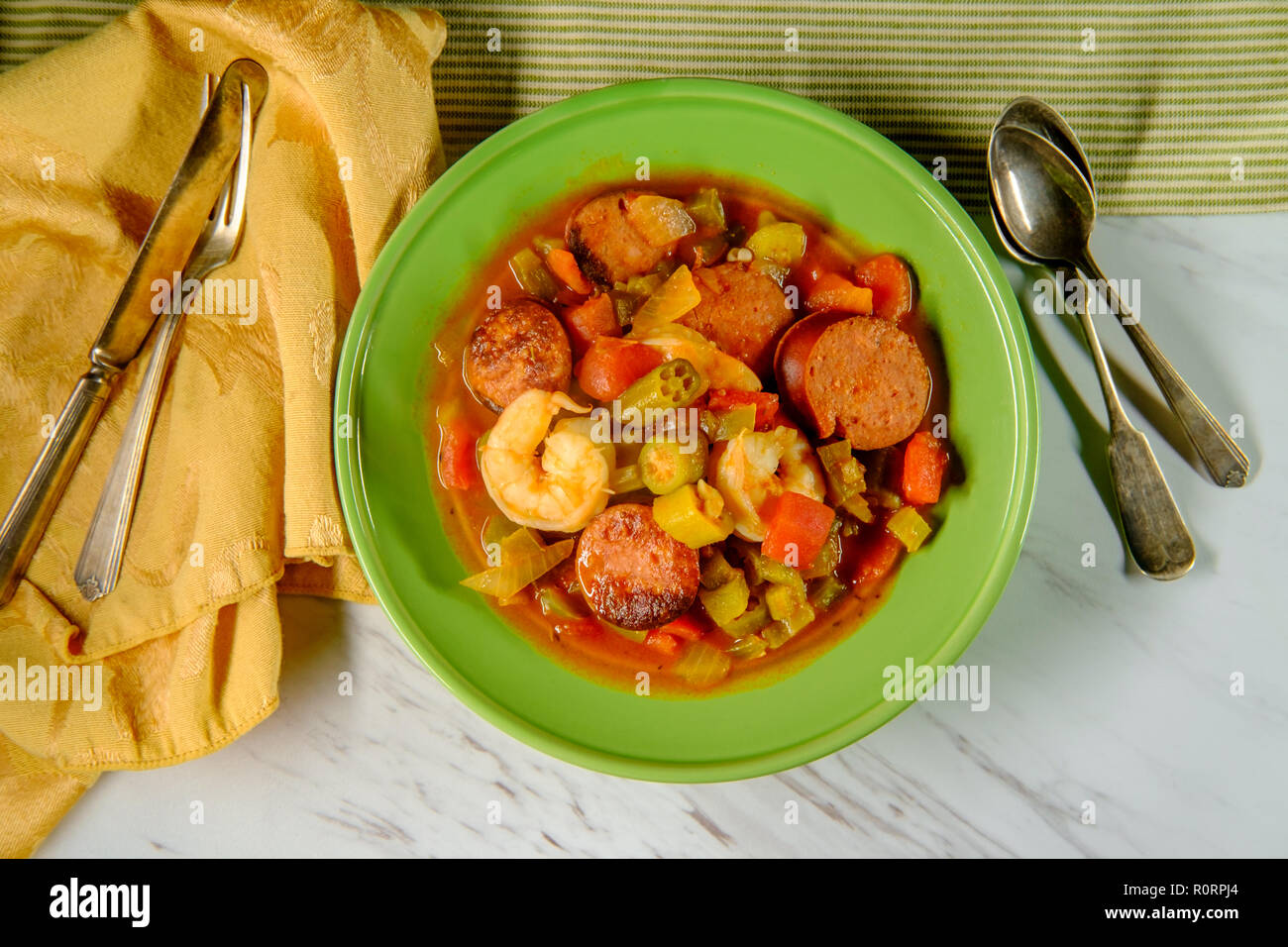 Spicy New Orleans Shrimp And Andouille Sausage Gumbo Stock Photo