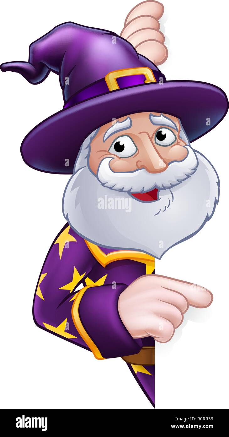 Wizard Cartoon Peeking Round Sign Pointing Stock Vector