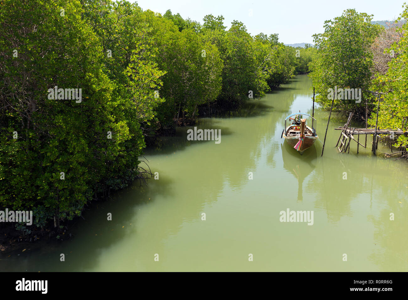 Mangrove landscape with thai traditional wooden boat in Ko Lanta island, Thailand Stock Photo